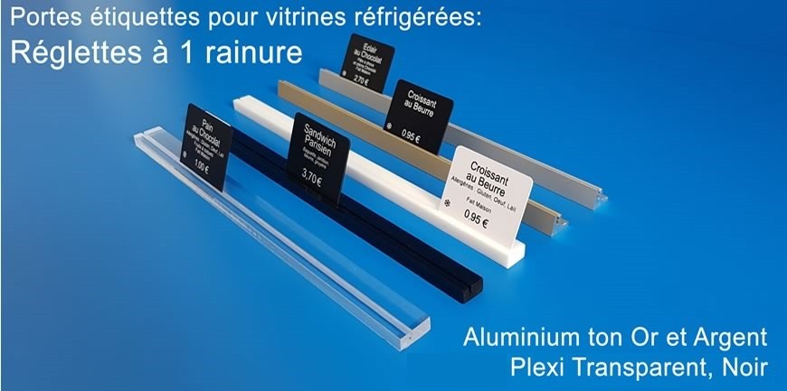 R&eacute;glettes &agrave; disposer le long de la vitrine. Id&eacute;al pour la pr&eacute;sentation des &eacute;tiquettes align&eacute;es.